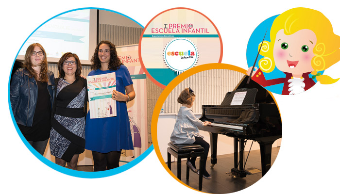Banner del Mundo de Mozart, profesoras y alumna tocando el piano.