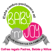 Logo de la empresa Baby n Joy. Se lee: Este centro pertenece al Baby 'n' Joy. Club de expertos en familias. Cofres de regalo, padres, bebés y niños.