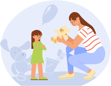 Imagen vectorial de madre consolando a hija enfadada con un juguete