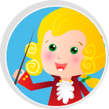 Logo de Mozart Kids. Imagen de un Mozart niño rubio sobre fondo circular y azul.