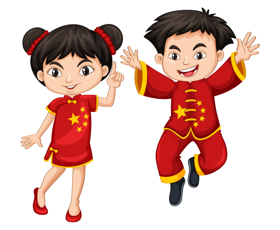 Imagen vectorial de niños con trajes tradicionales chinos. Una niña con moños y vestido y un niño saltando