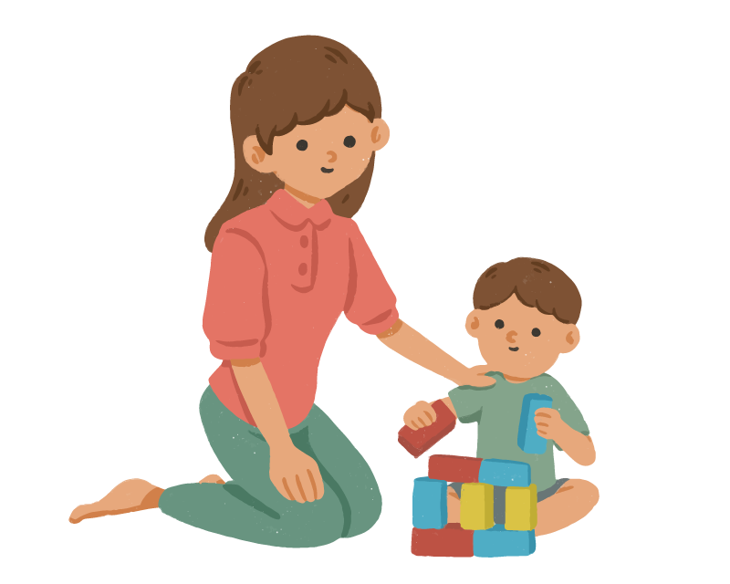 Imagen vectorial de madre con su bebé jugando a apilar bloques