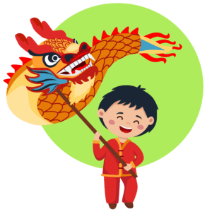 Niño chino llevando un dragón de papel