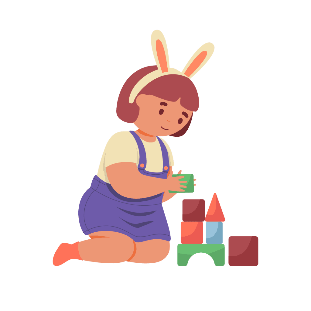 Imagen vectorial de niña con diadema de orejas de conejo jugando con bloques