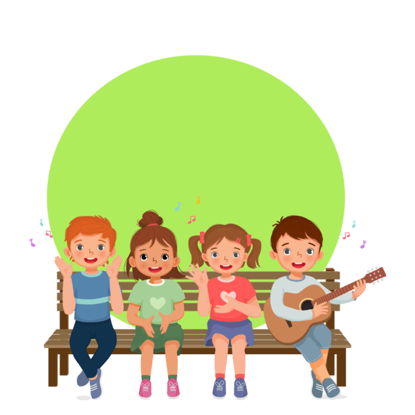 Cuatro niños tocando la guitarra y cantando en un banco.